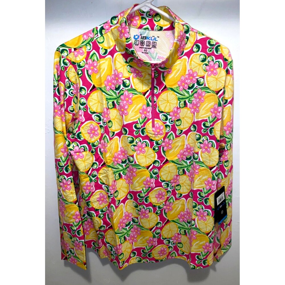 IBKUL CALISTA HOT PINK Long Sleeve Mock Golf Shirt SPF 50 XXL Lemon Floral NWT